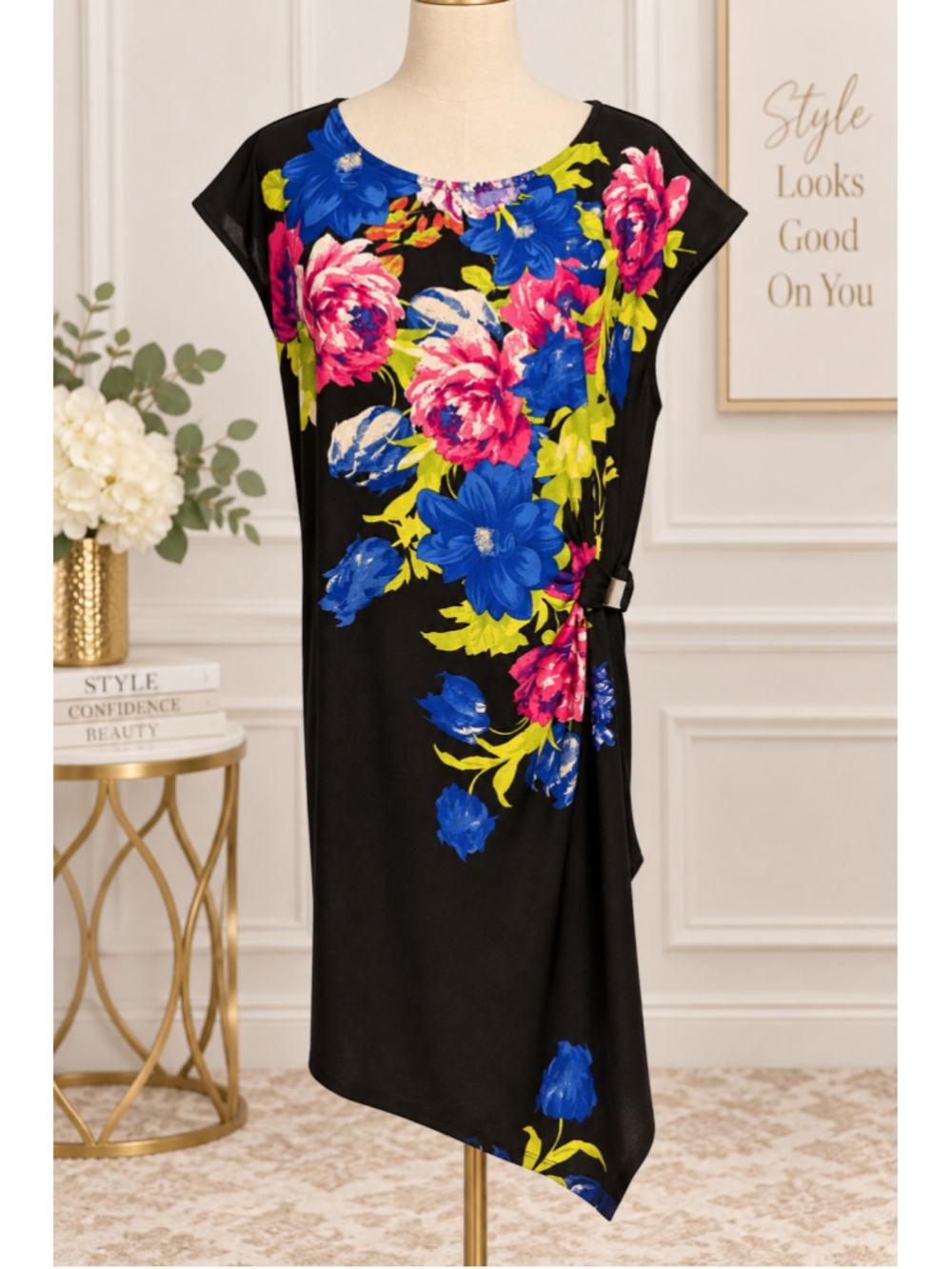 Ashley Stewart Floral Asymmetrical Draped Black Top Tunic 18/20